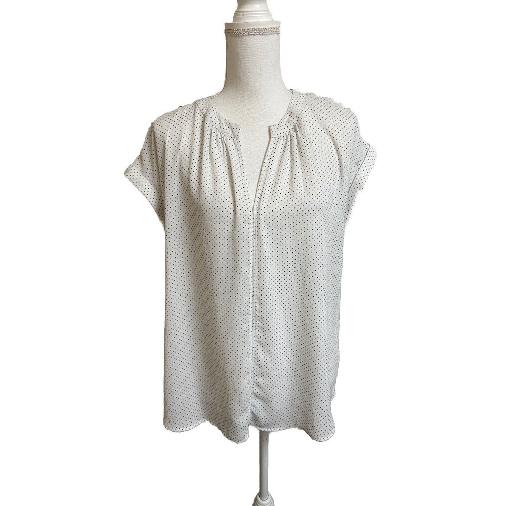 Philosophy Blouse Women’s L White Black Polka Dots Short Sleeve V Neck Top